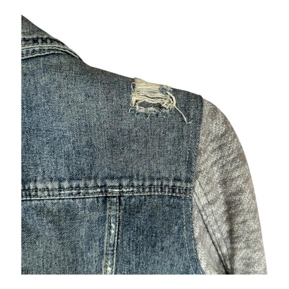 Free People Distressed Denim Jean Jacket With Gray Knit Long Sleeves Size XS - Picture 11 of 13